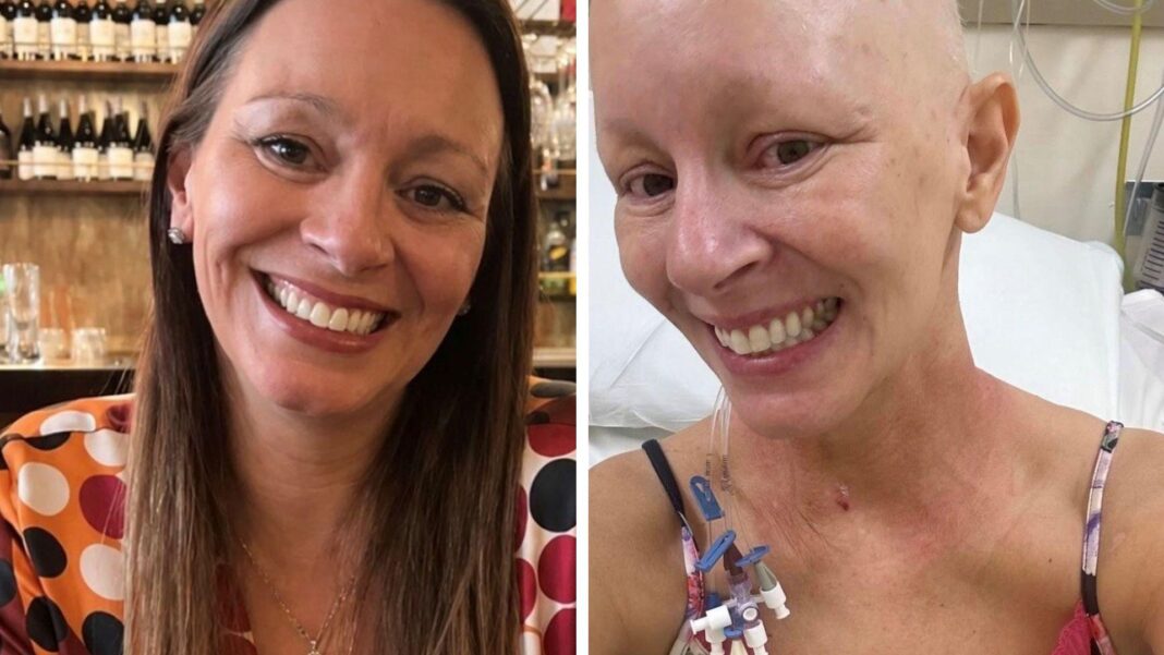 This image is a composite of two pictures of Caroline. In the picture on the left, she is smiling at the camera in a restaurant setting. She has long brunette hair and dark eyes. she is wearing a spotty blouse in various shades of pink, brown, orange and white. In the picture on the right, she is seen smiling in a selfie sat in a hospital bed. She is bald, with medical tubing and catheter lines behind her ear and going down her left shoulder