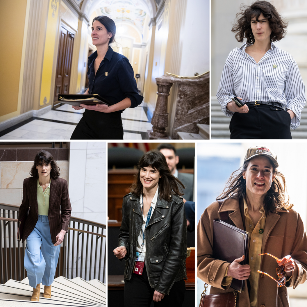 Collage of five photographs of Marie Gluesenkamp Perez wearing different outfits. She is shown in a navy shirt and black trousers in a congressional building, a blue-and-white striped shirt with dark trousers, a brown pinstriped blazer with a pale green polo shirt and light blue trousers, a black leather jacket over a white shirt, and a camel-coloured coat and baseball cap while carrying a folder.