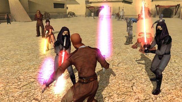 A screenshot from Knights of the Old Republic shows a player character engaged in a lightsaber battle on a desert planet. Three enemies are circling around the player.