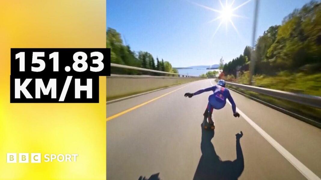 Watch new skateboarding speed world record of 151.83 km/h Watch new skateboarding speed world record of 151.83 km/h