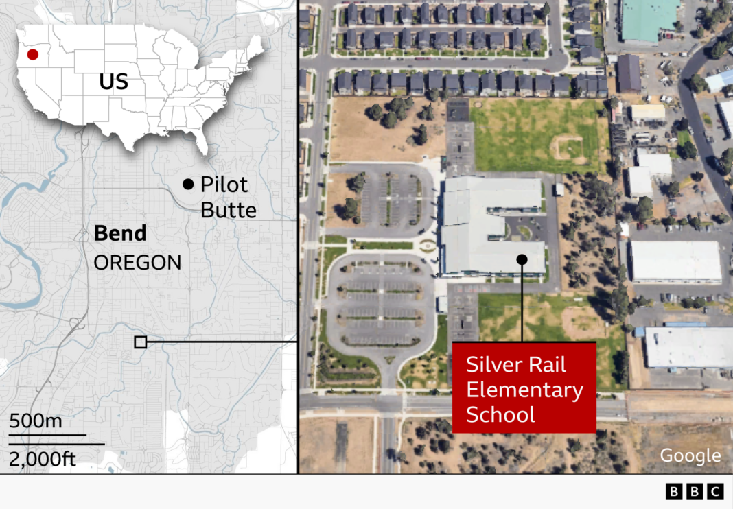 Children aged 5, 8 and 11 killed in US school shooting before suspect shot by bystander A map shows the location of Silver Rail elementary school in Bend, Oregon, US.