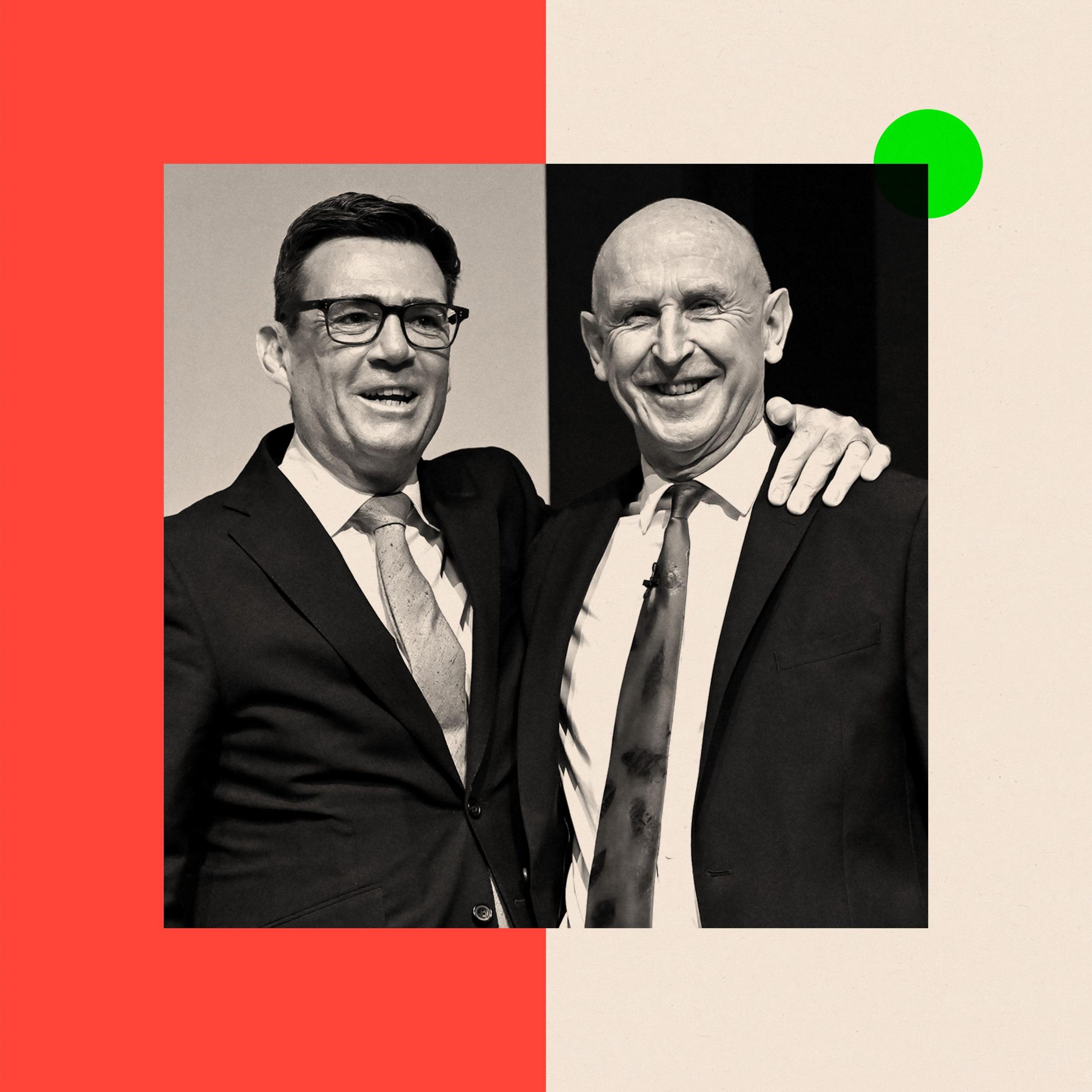 A black and white photo of John Healey and Andy Burnham standing next to each other. Burnham has his hand on John Healey's shoulder