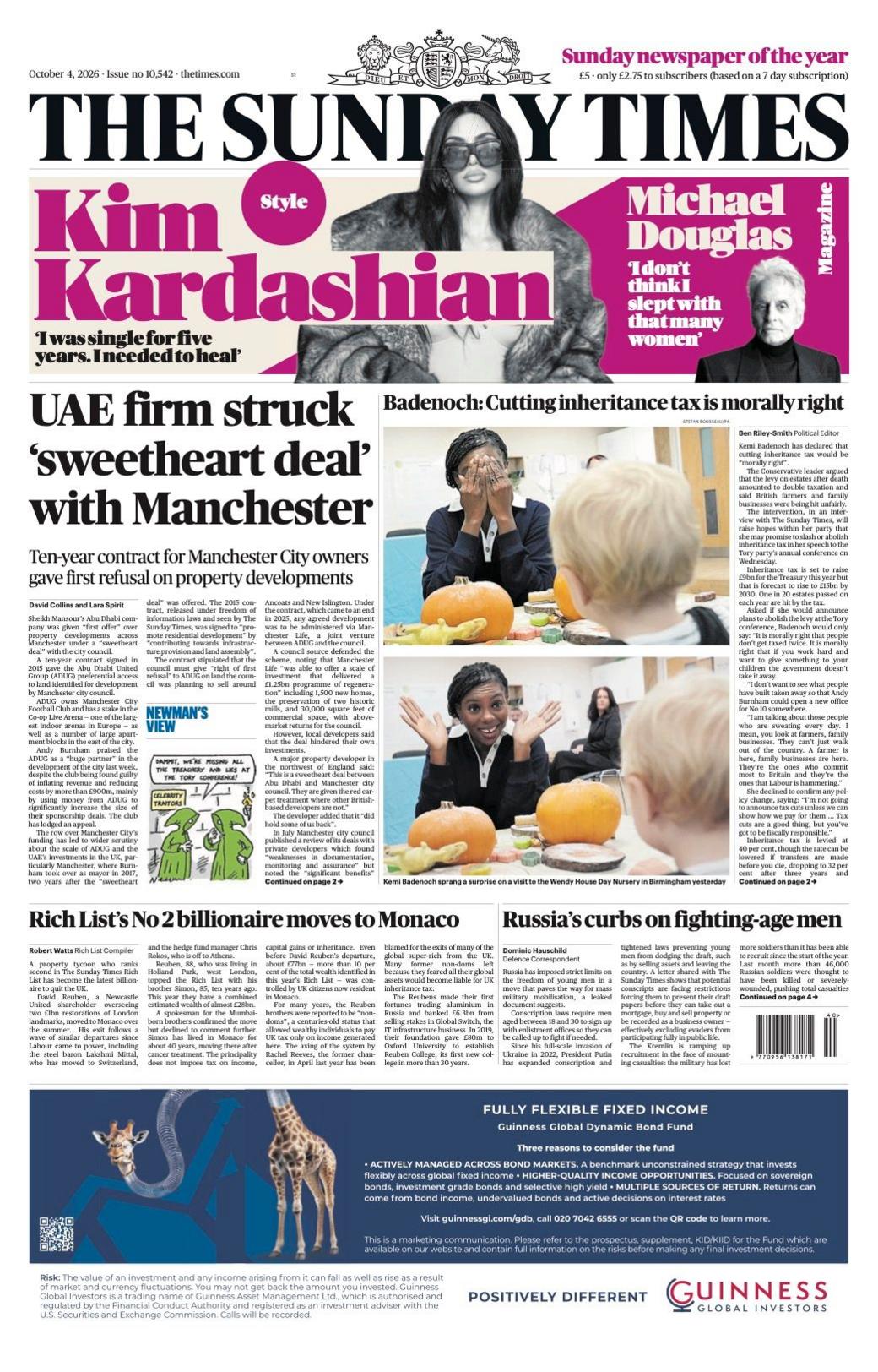 The headline on the front page of the Sunday Times reads: 'UAE firm struck "sweetheart deal" with Manchester.'
