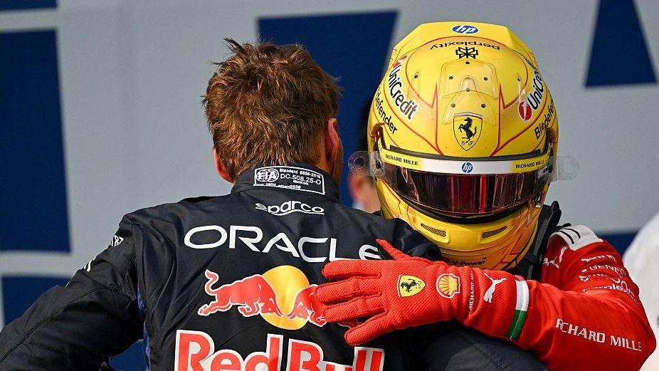Max Verstappen and Lewis Hamilton embrace after Bahrain GP in Malaysia qualifying