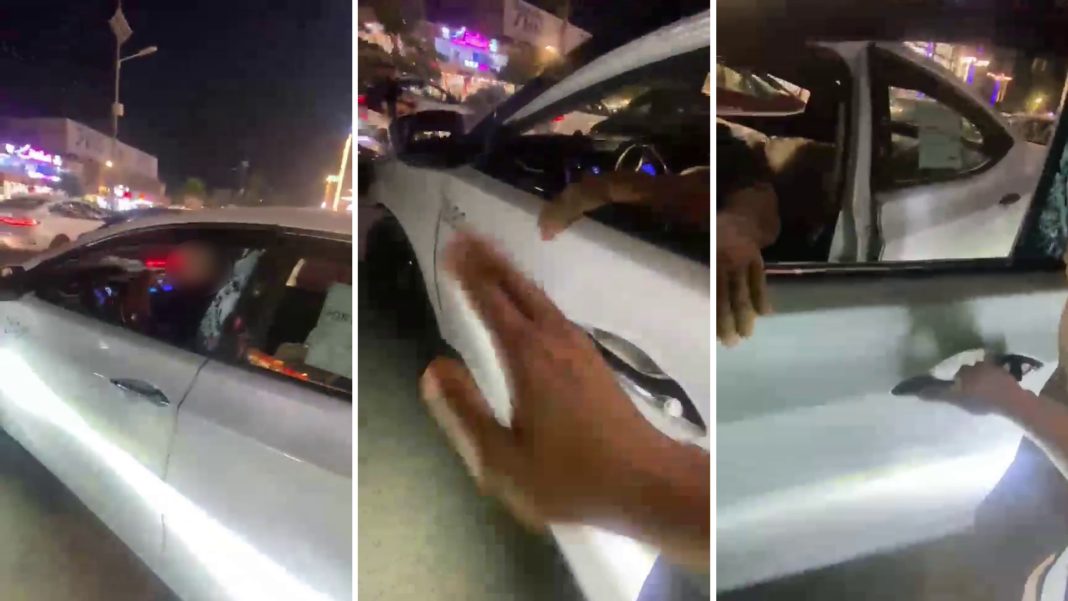 Death threats and isolation – the cost of fighting sexual violence in Iraq Three-image composite taken from video shared on Instagram by Sarah Jassim. The first image shows a white car with a night-time street scene behind it, the second shows a hand reaching towards the car and the man's hand resting through the window on the top of the door. The third shows the woman's hand on the door handle, partially opening the door.