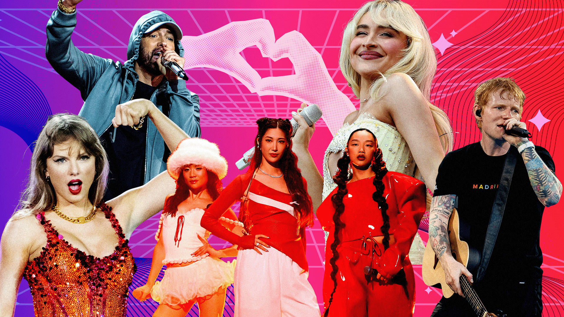 A colourful graphic showing Taylor Swift, Eminem, KPop Demon Hunters singers, Sabrina Carpenter and Ed Sheeran