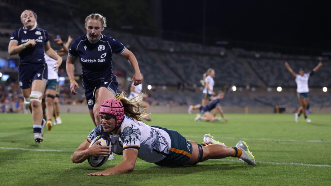 Australia come back to beat Scotland again in WXV Piper Duck of the Wallaroos dives in to score her team's fourth try during the WXV Global Series test match between Australia Wallaroos and Scotland