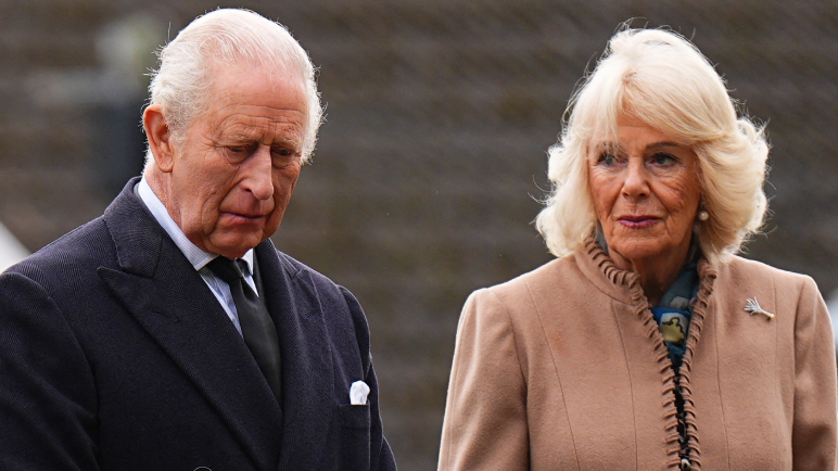 King Charles is wearing a grey suit and black tie, and stood next to Queen Camilla.