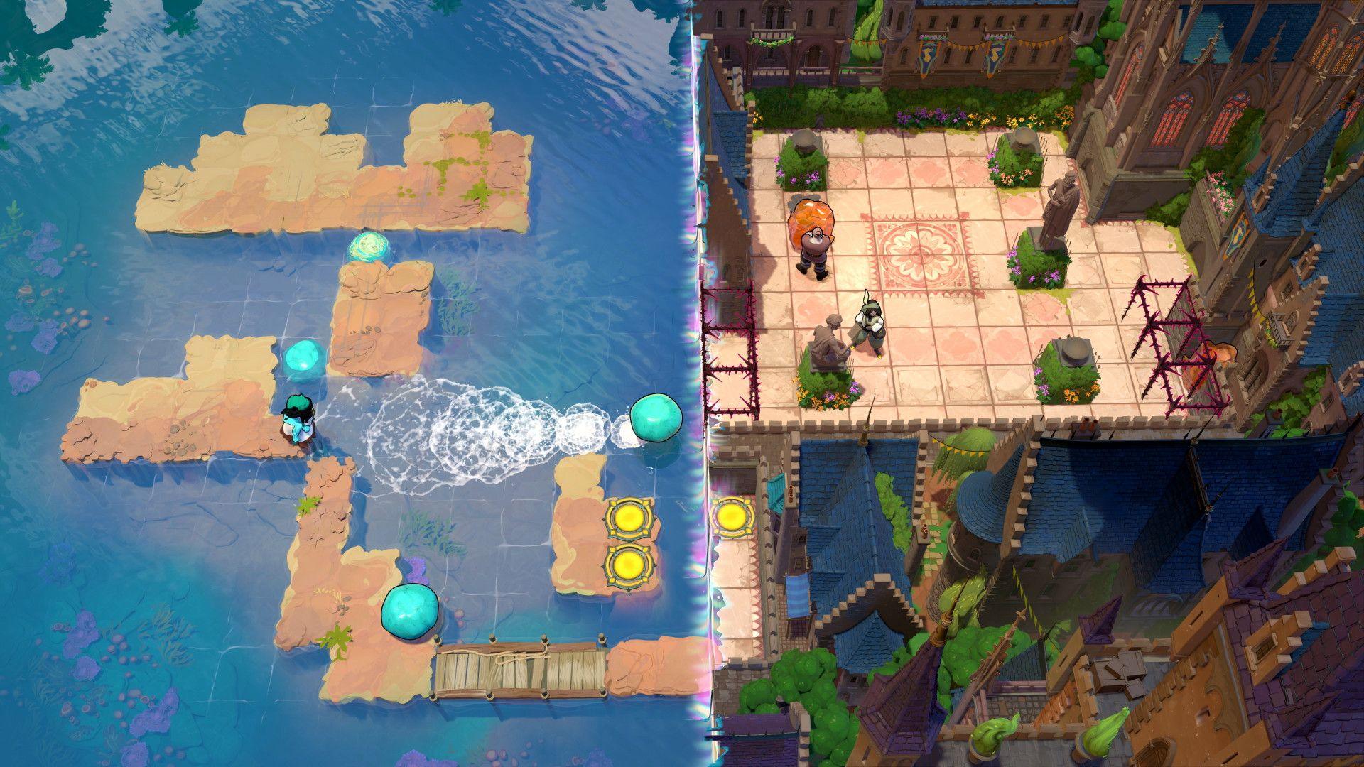 An in-game screenshot of Order of the Sinking Star, showing two levels side by side looking from overhead, one on the left with brown platforms in the water and blue skipping stones, and another on the right with characters on a brown grid, amongst grey statues and green bushes. Surrounding the grid are turreted buildings with purple and teal turrets.