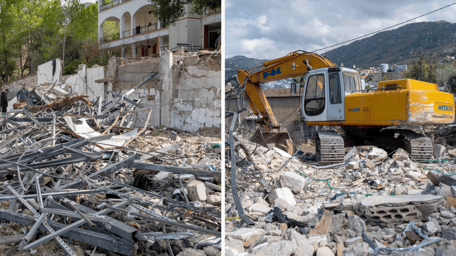 A composite image. The left image shows rubble covering the floor outside a demolished building with trees in the background following an Israeli strike on the Lebanese town of Almat. The image on the right shows a yellow digger picking through extensive rubble with a mountain range in the background