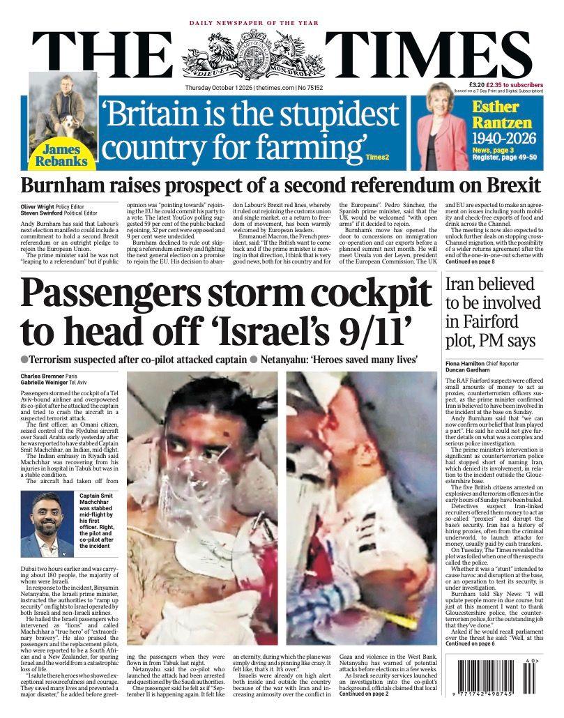 The headline on the front page of the Times reads: “Passengers storm cockpit to head off 'Israel's 9/11'”.