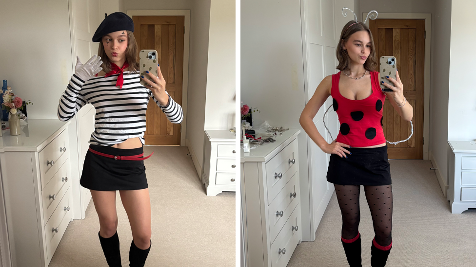 Two photos side by side of the same young woman with brown hair in two different costumes. On the left she's dressed as a mime with a black and white striped top, black mini skirt, beret and black boots. On the right she is a ladybird with black tights, black boots and pipe cleaner attenae.