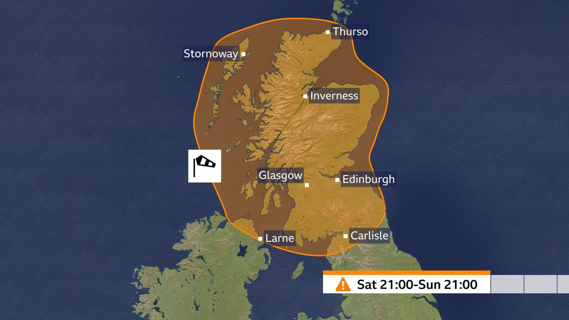 Map of the UK highlighting the areas covered by an amber wind warning on Saturday.