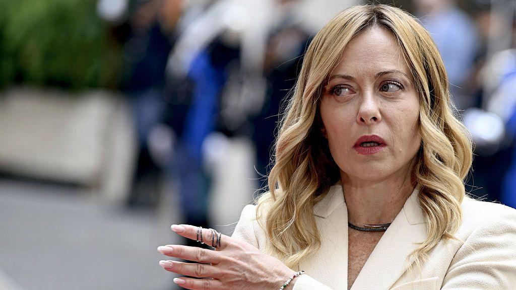 Italian Prime Minister Giorgia Meloni pictured wearing a beige blazer