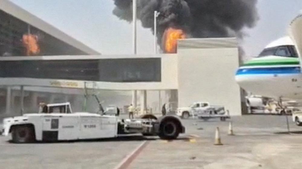 Smoke and flames rise from King Khalid Airport, after Yemen's Iran-backed Houthis said they attacked the airport, in Riyadh, Saudi Arabia, October 8, 2026, in this screengrab obtained from a social media video