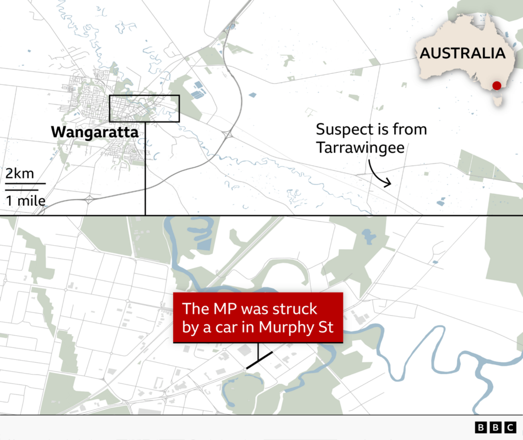 Australian MP critically injured after being hit by car in apparent attack Map of Wangaratta, Victoria, Australia, showing the nearby locality of Tarrawingee as the reported home area of the suspect. An inset map highlights the location in Australia. A callout marks Murphy Street, where the MP was struck by a car.