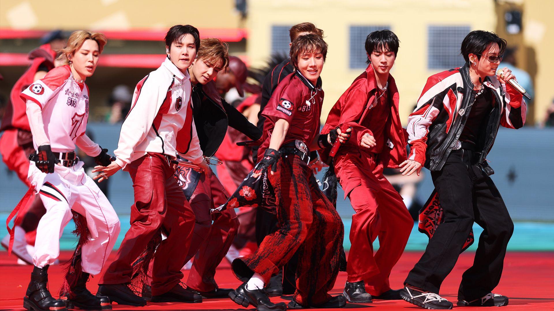 RM, Jin, Suga, J-Hope, Jimin, V and Jung Kook of BTS perform during the Topps Final Halftime Show in the FIFA World Cup 2026 Final match between Spain and Argentina at New York New Jersey Stadium on July 19, 2026 in East Rutherford, New Jersey. (
