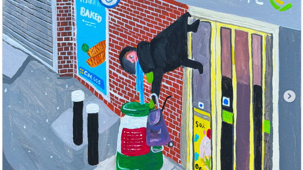 A child like painting in bright and bold colours of Anne Hughes hanging off a shutter and hanging onto her trolley