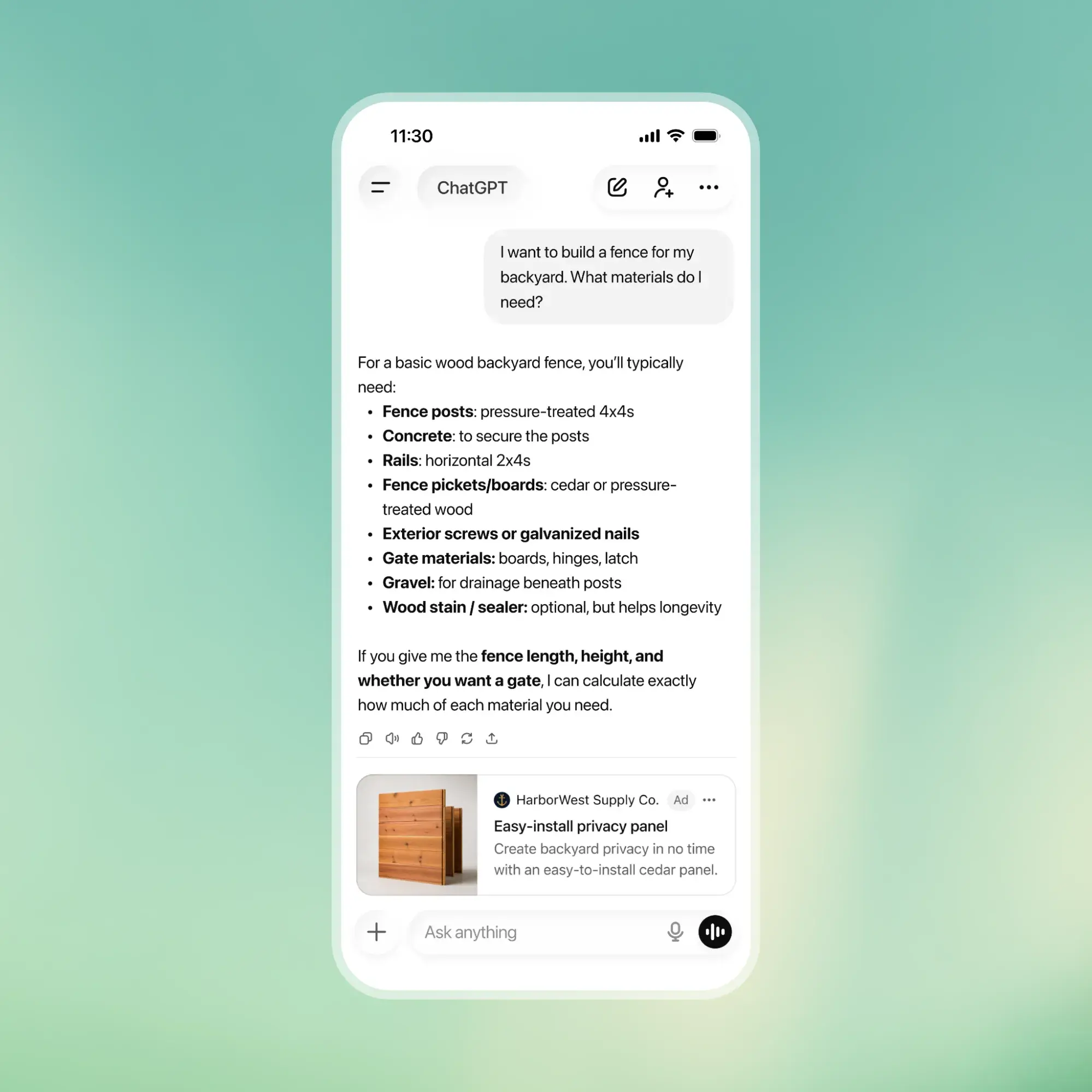 chatgpt ads vs google search ads, ChatGPT mobile interface showing fence-building advice with HarborWest Supply ad displayed below conversational answer
