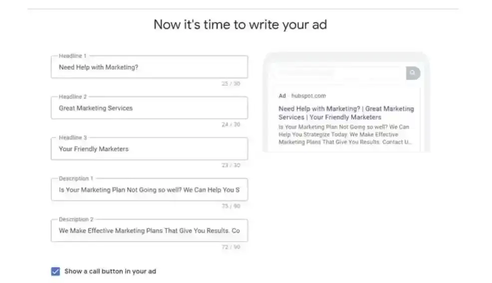 chatgpt ads vs google search ads, ChatGPT ads interface form for writing ad headlines and descriptions, comparing to Google Search ads copywriting