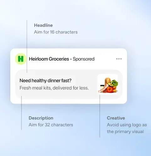 chatgpt ads vs google search ads, ChatGPT ads creative preview showing HeirloomGroceries sponsored ad with headline, description, and meal kit image
