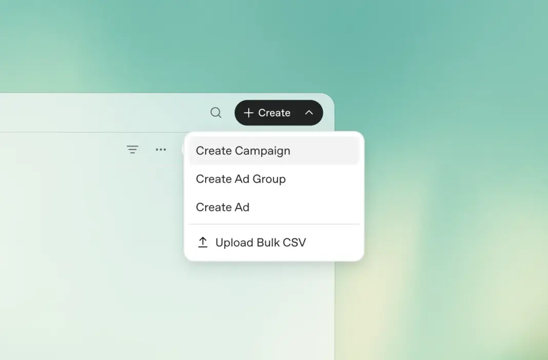chatgpt ads vs google search ads, Create menu dropdown showing options to start ChatGPT ads vs Google Search ads campaigns
