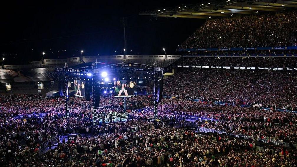 A wide view of the sell-out Croke Park stands watching Katie Taylor in the ring