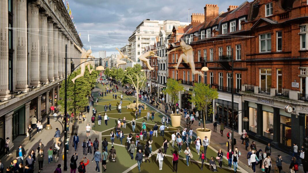 Councils warned of risks of high street pedestrianisation CGI of Oxford Street shows pedestrians walking on green pavement with trees and artwork above