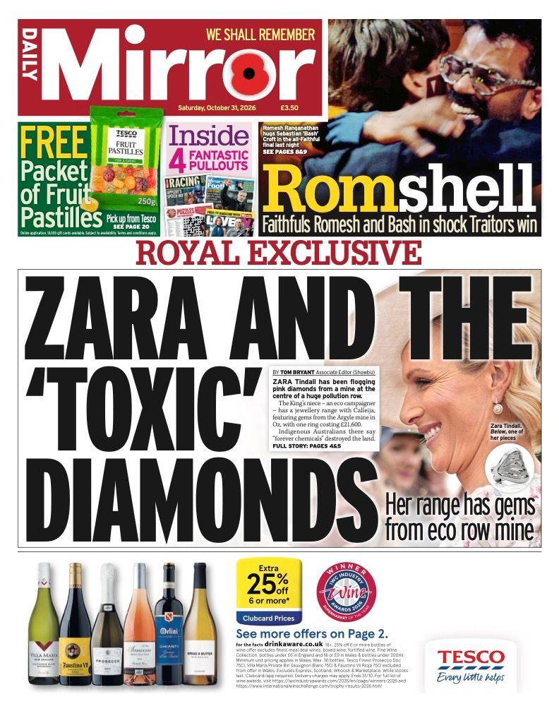The headline on the front page of the Daily Mirror reads: "Zara and the 'toxic' diamonds".