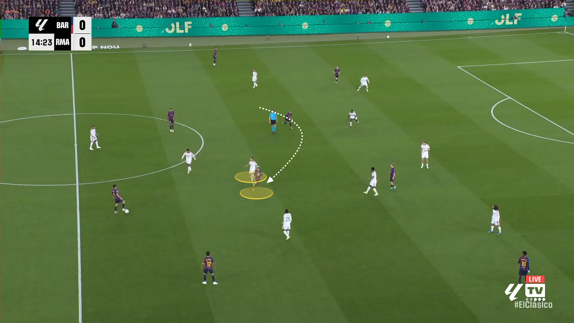Screen grab showing Bernardo Silva's man-marking role on Pedri against Barcelona.