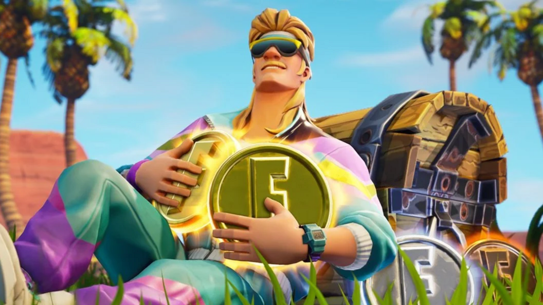A promotional image for the Fortnite video game, showing a participant in a tracksuit holding the in-game currency of V-Bucks