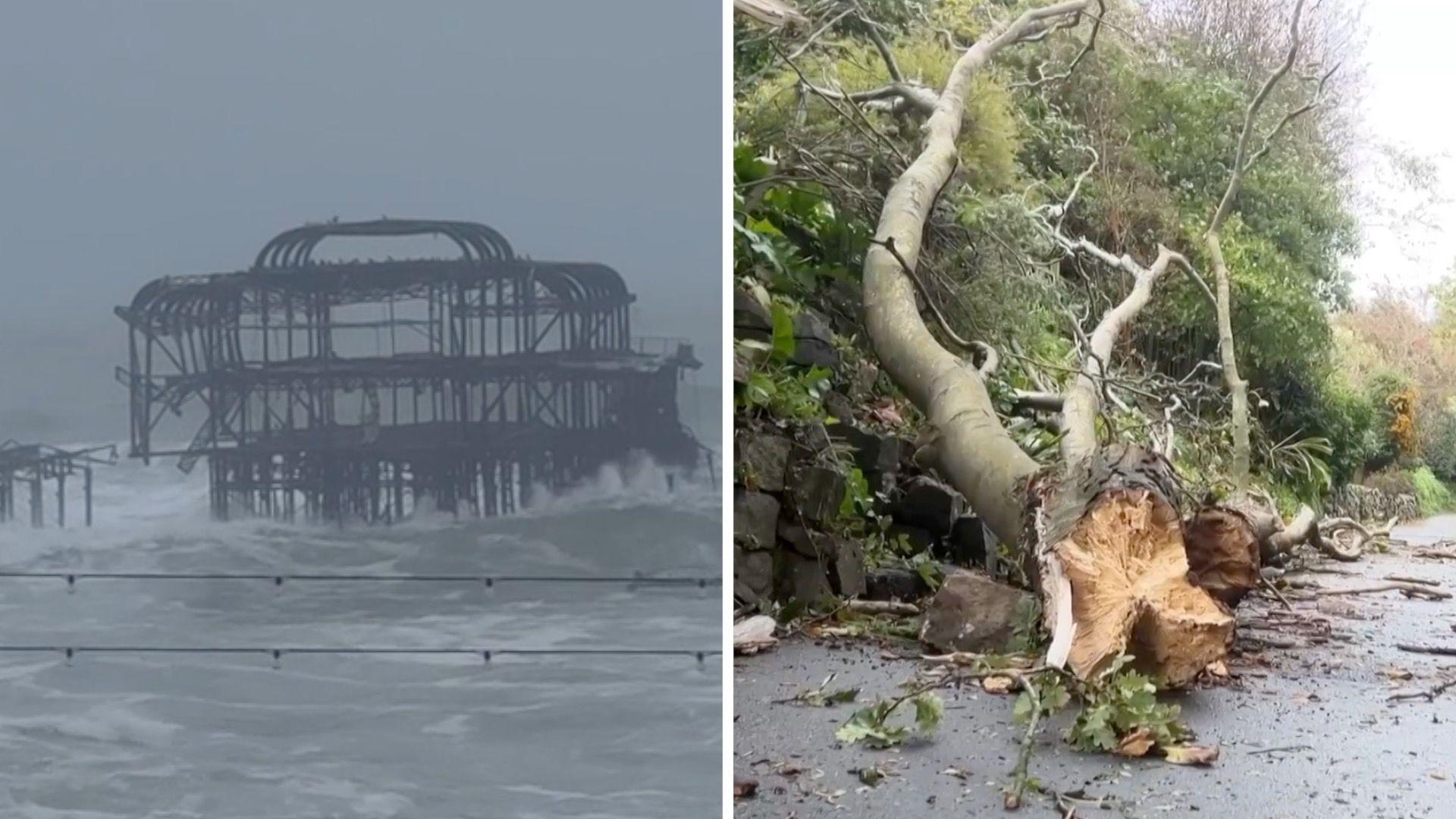 Left, Brighton Pier collapses amid crashing waves. Right, a broken tree lies collapsed, ripped out and on the road.