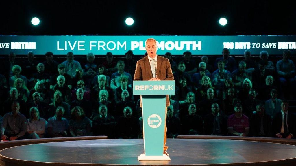 Nigel Farage standing at a podium with Reform UK on it and a crowd in the background