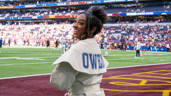 Simone Biles at the Indianapolis Colts' game against the Washington Commanders in London in October 2026