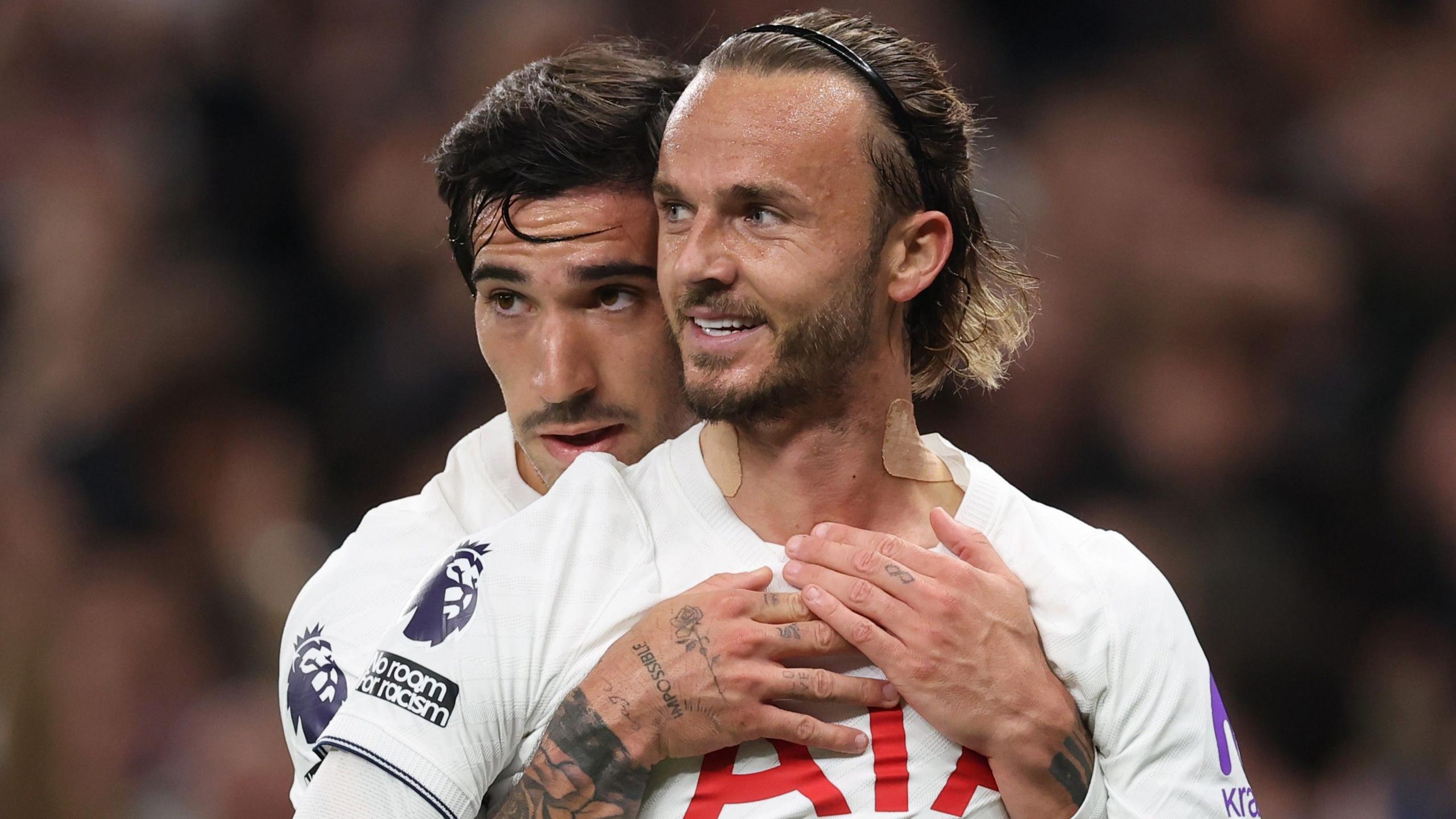 James Maddison is hugged by Sandro Tonali after scoring