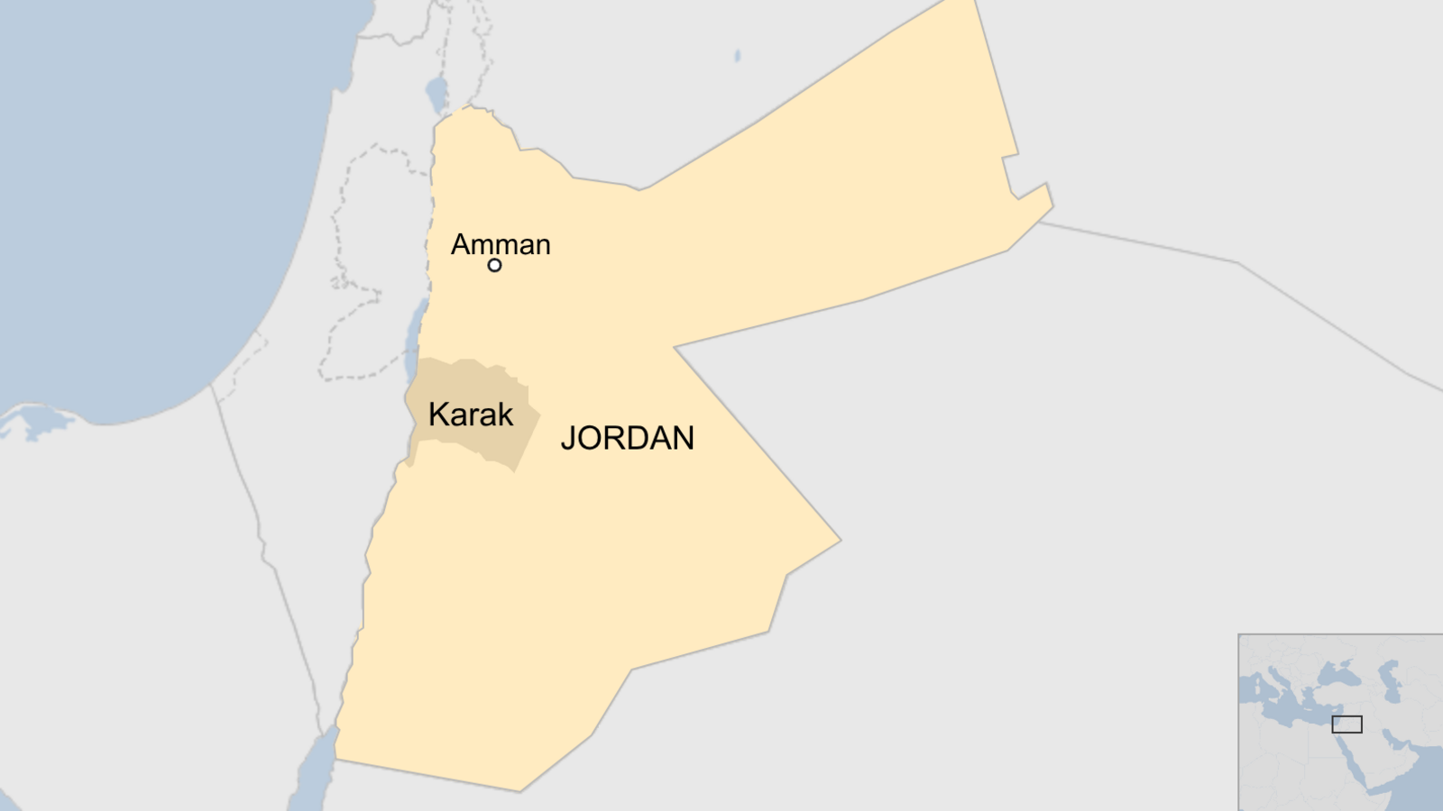 A map showing the Karak governorate in Jordan and the capital Amman
