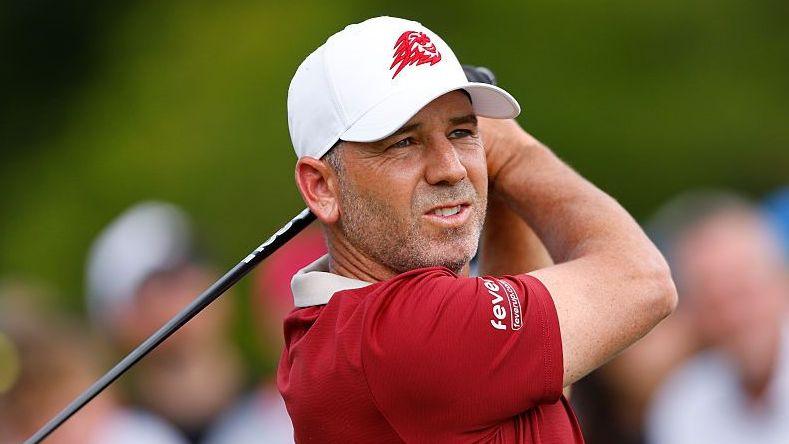 Sergio Garcia watches a tee shot during the LIV Golf Indianapolis event in 2026