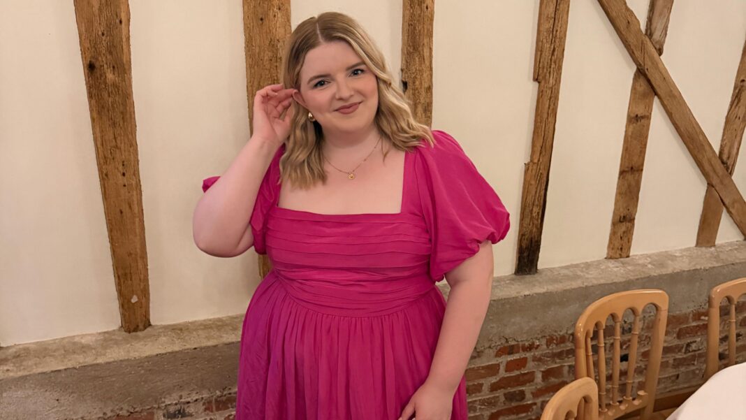 I find it quite demoralising in store – why I do all my shopping online Jess is wearing a bright pink dress at a formal event. She has blonde wavy hair