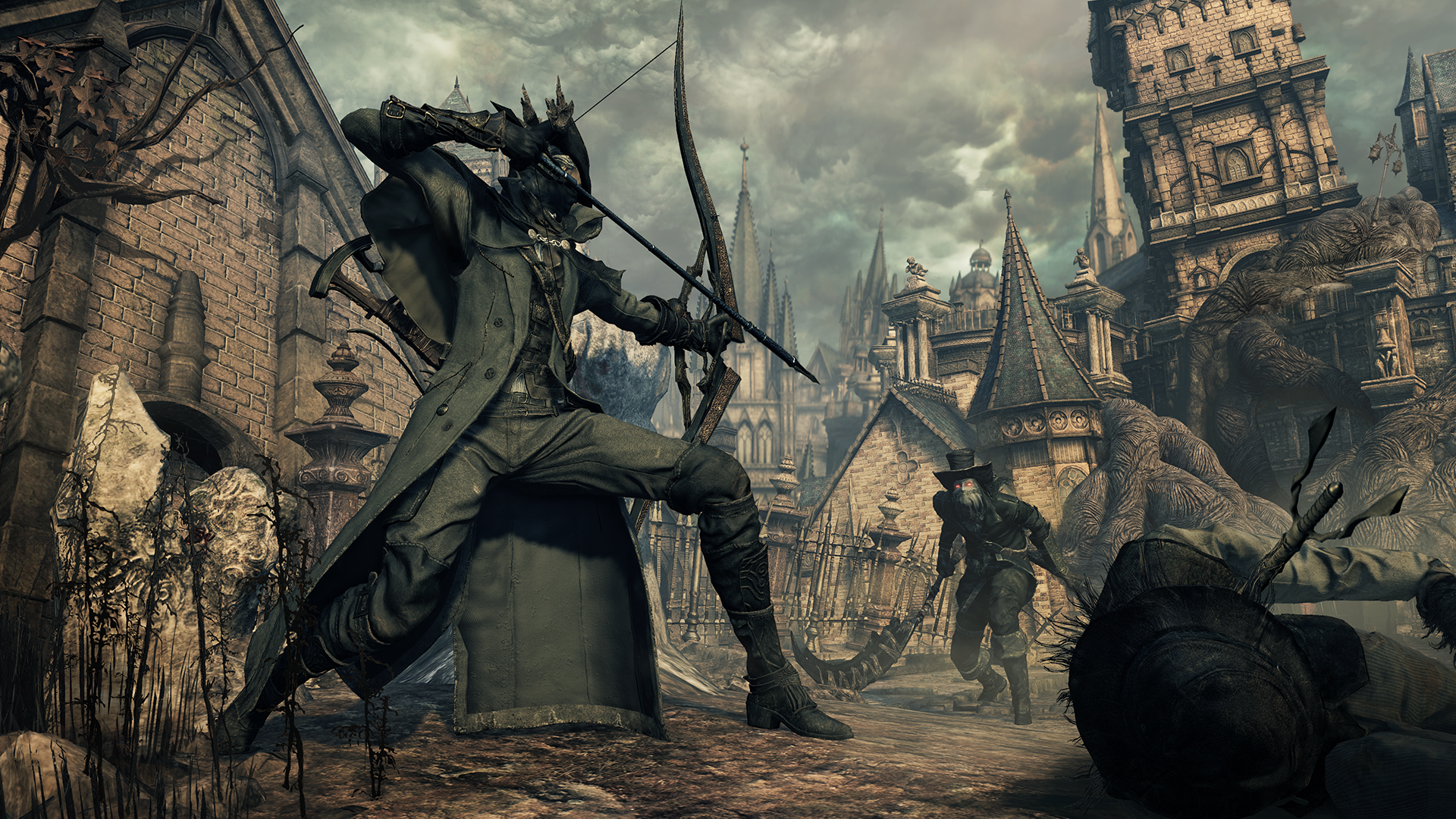 A hunter character from Bloodborne, points a bow and arrow at an approaching foe, the weapon ready to release at any moment. The two appear to be in the middle of a city with European-style, gothic architecture, all spires and towers.