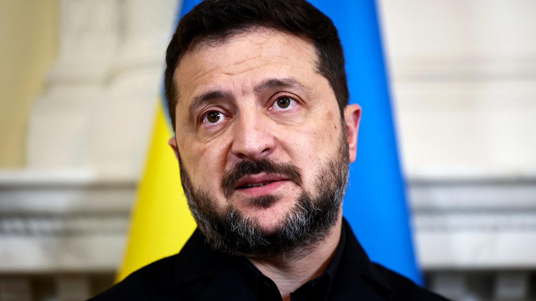 A close up shot of the President of Ukraine Volodymyr Zelensky during a meeting with Prime Minister Andy Burnham at Number 10 Downing Street.