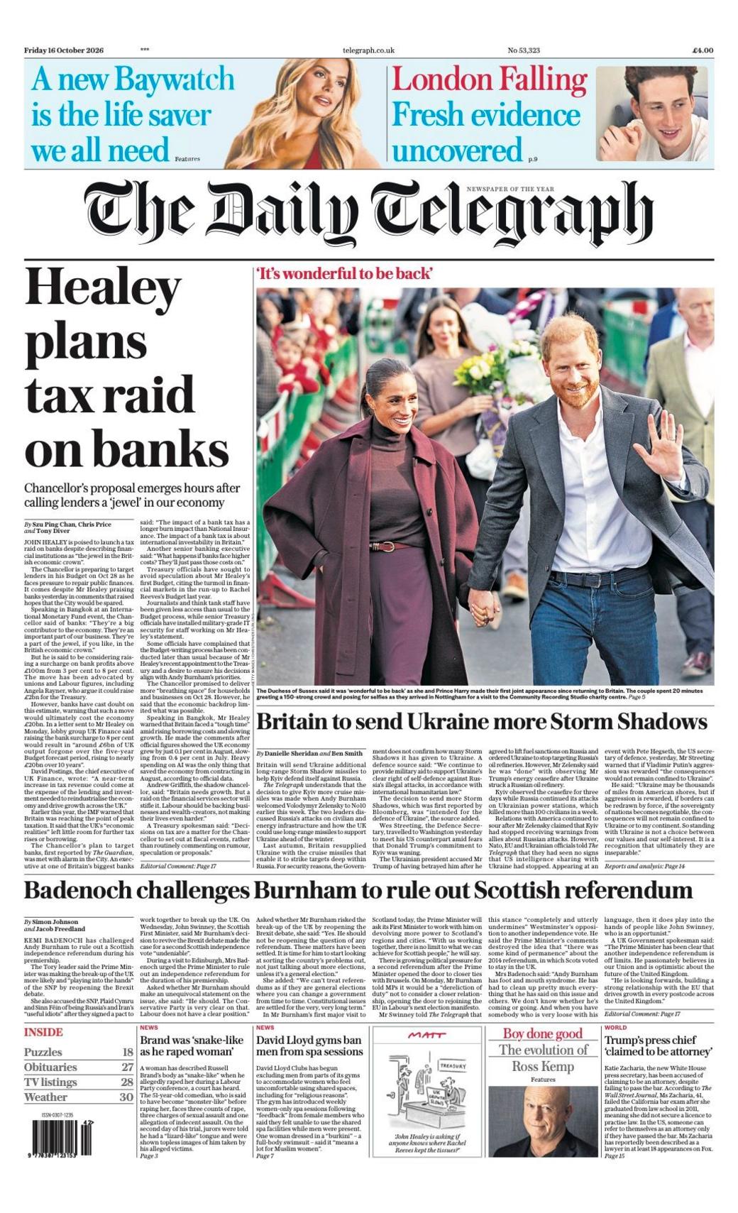 The headline on the front page of the Daily Telegraph reads: 'Healey plans tax raid on banks'.