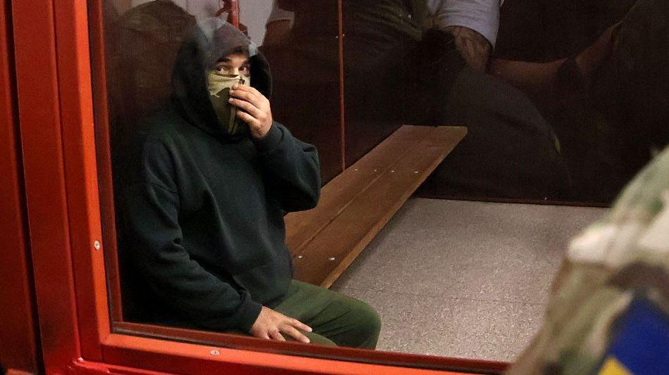 Former Security Service of Ukraine (SBU) officer Vitalii Zhykovych, one of two suspects in the murder case of Anastasiia Berezovska, attends a hearing at the Pecherskyi District Court on a preventive measure, Kyiv, Ukraine, on July 9, 2026