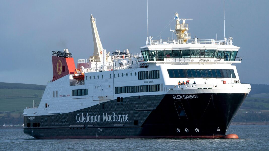 Swinney backs Flynn in ferry gas leak row and says ‘nobody’s perfect’ MV Glen Sannox on the water. It has a dark hull with the words "Caledonian MacBrayne" and "Glen Sannox" in white lettering. The top of the ship is white. The funnel is red.