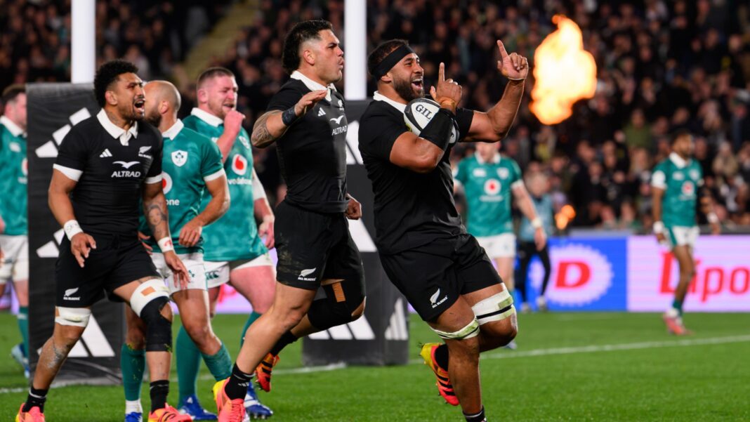 Could Frawley earn Ireland fly-half starting spot? New Zealand celebrate scoring a try against Ireland