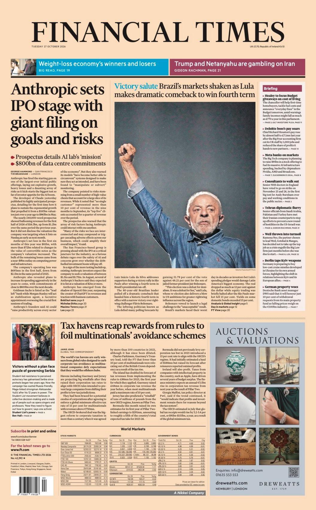 The headline on the front page of the Financial Times reads: “Anthropic sets IPO stage with giant filing on goals and risks”.