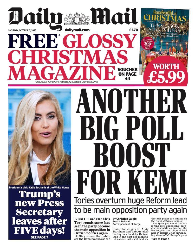 The headline on the front page of the Daily Mail reads: “Another big poll boost for Kemi”.