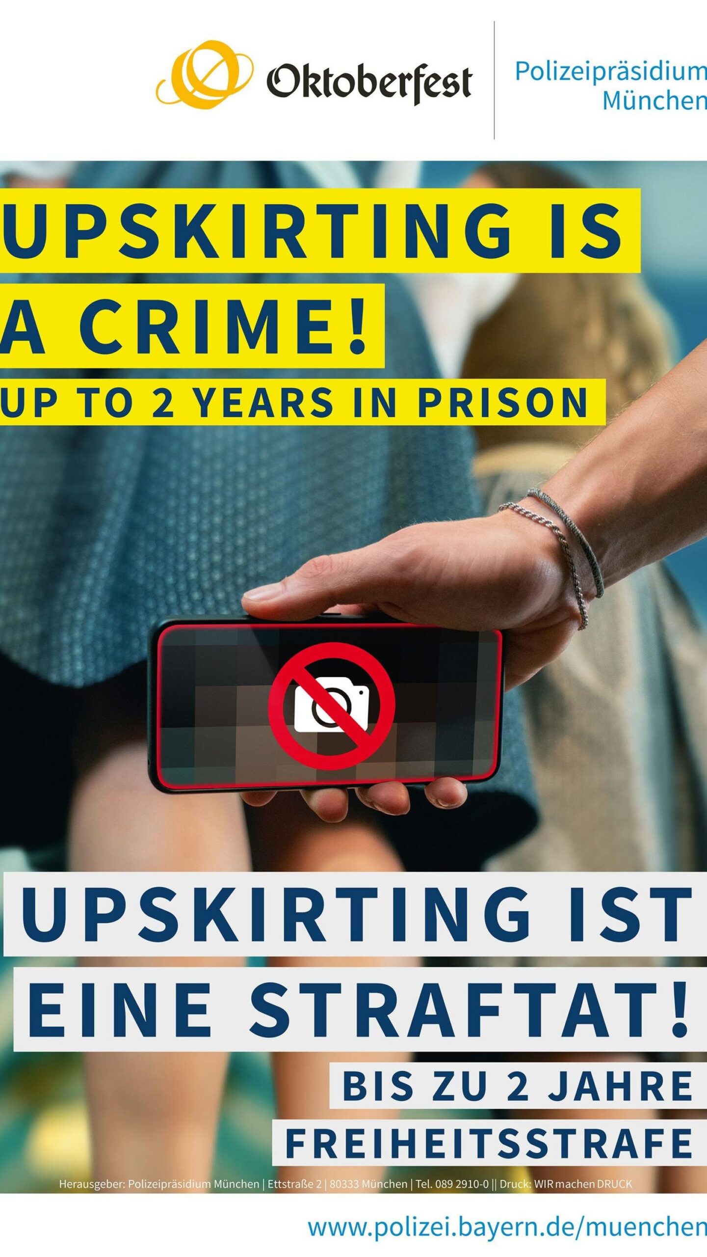 A German police poster has a picture of a mobile phone and a skirt with the message that "upskirting is a crime"