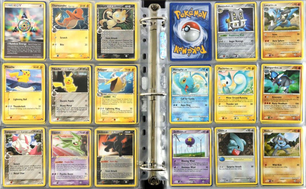 Retired decorator’s Pokémon cards sell for £1.5m after years in attic A collection of Pokemon cards. in a ringbinder in a birds-eye view.