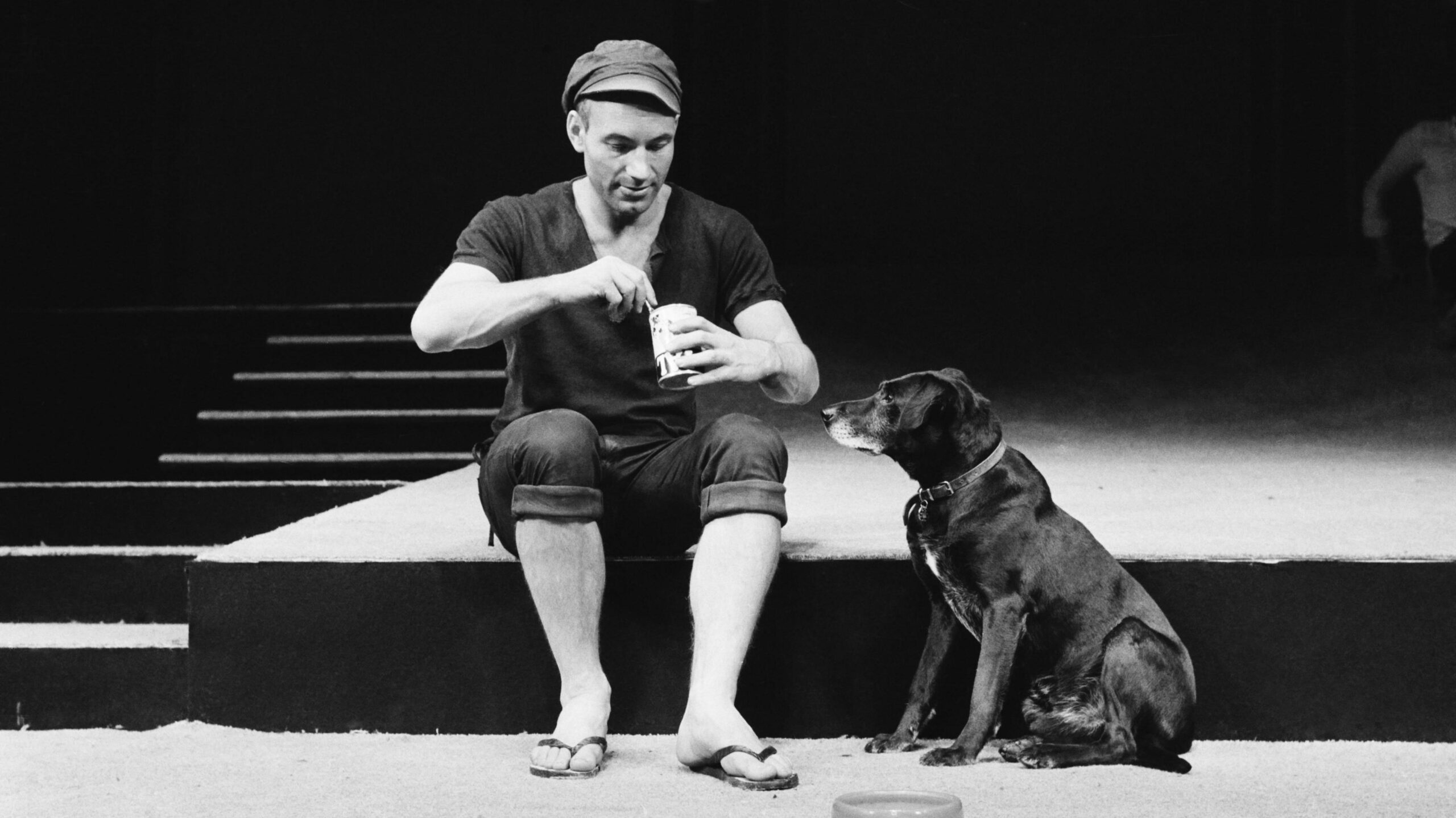 Patrick Stewart - and a dog - in the Royal Shakespeare Company's 1970 production of The Two Gentlemen of Verona