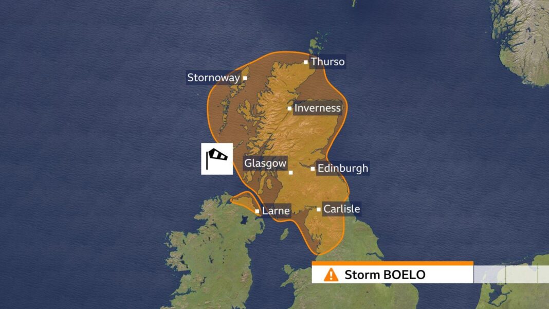 Storm Boelo amber warnings kick in as parts of UK brace for 80mph gusts UK map showing location of Amber wind warning area shaded in orange.